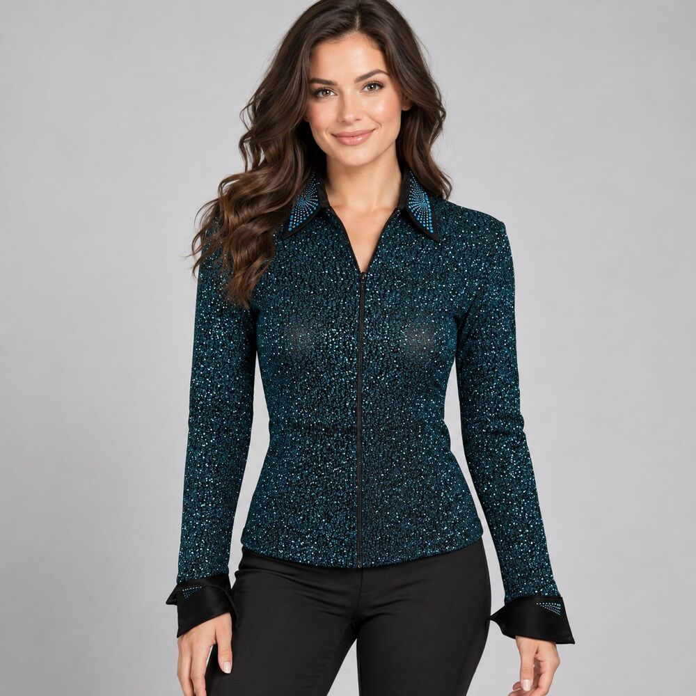 The Performance Collection Womens S Teal Rhinestone Western Show Shirt Jacket